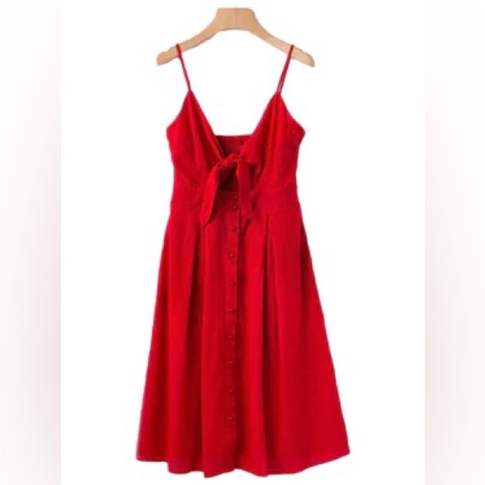 Red Front Knotted Shoulder Strap Midi Dress
